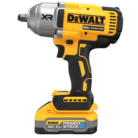 Left-side profile of the DEWALT DCF900H1 1/2 Inch High Torque Impact Wrench showcasing the XR brushless motor housing and the high-performance 20V MAX 5.0 Ah POWERSTACK battery connection.