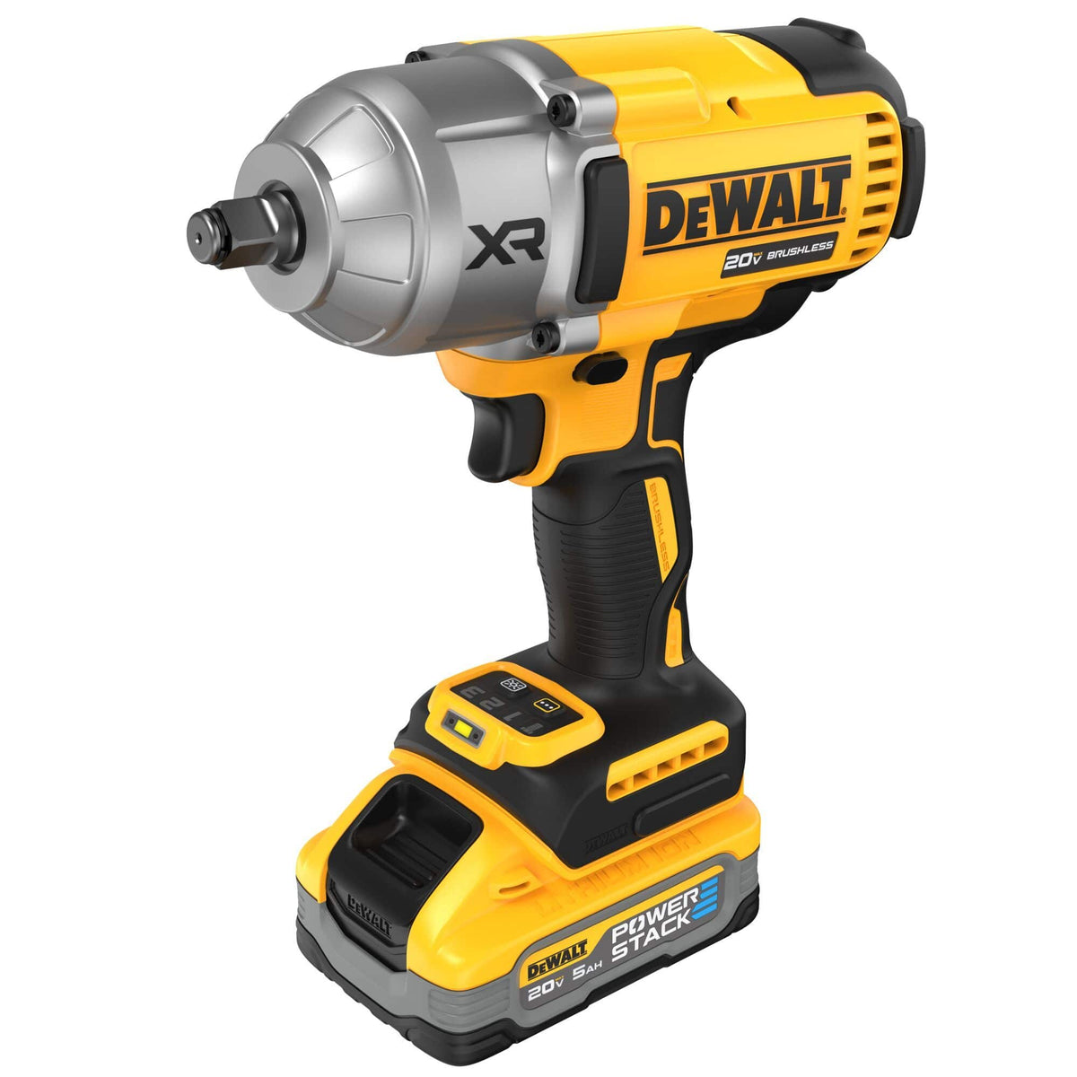 High-angle perspective of the DEWALT DCF900H1 Cordless Impact Wrench, emphasizing the 4-mode speed selection panel located on the tool foot for precise torque and speed control during heavy-duty tasks.