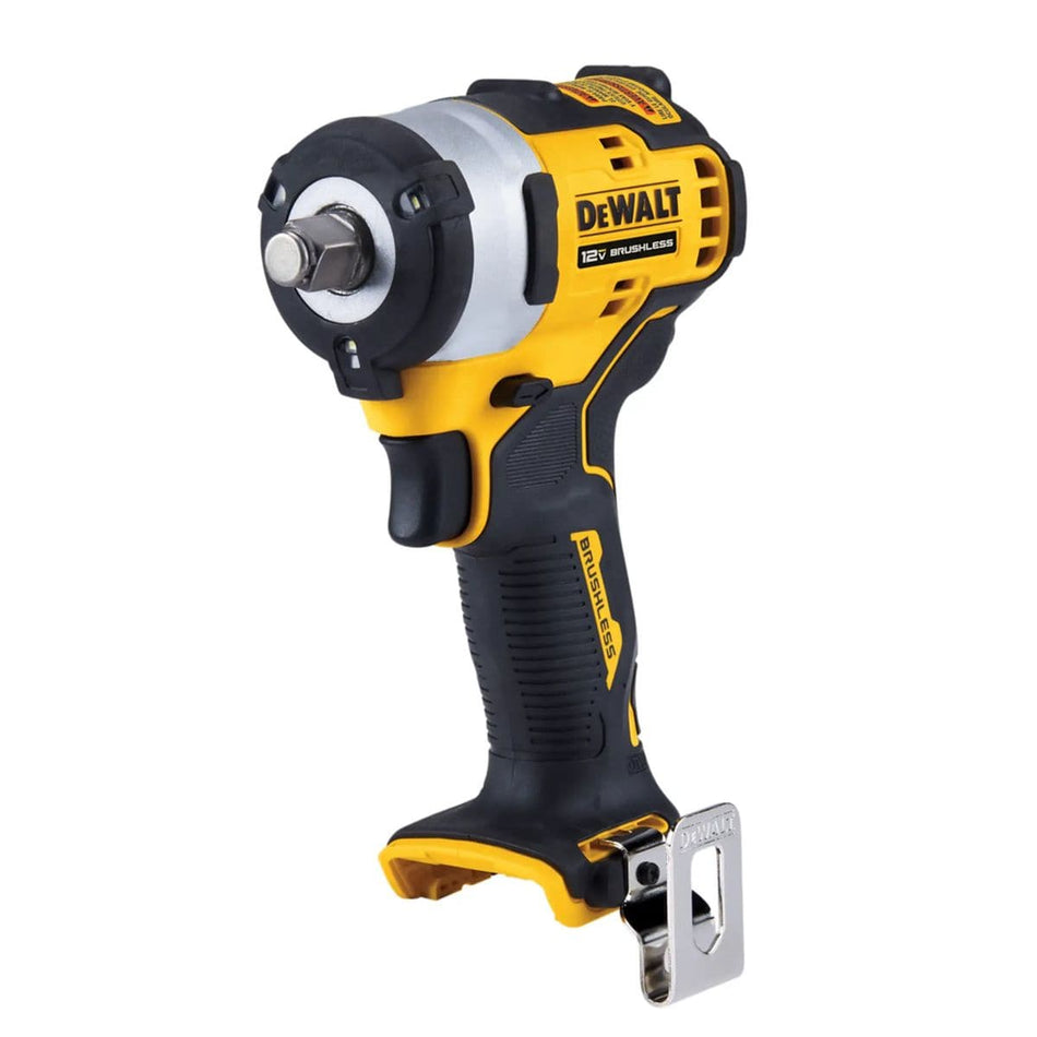 Angled front view of the DEWALT DCF901B XTREME 12V MAX cordless impact wrench, showcasing the 1/2-inch square drive hog ring anvil and the compact, lightweight design for tight automotive spaces.