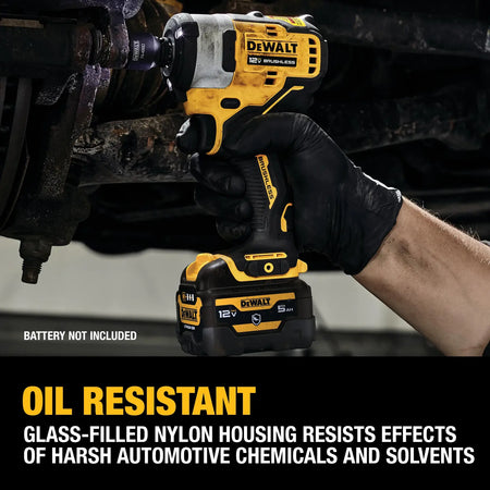 Professional mechanic in black nitrile gloves utilizing the DEWALT cordless 1/2-inch impact wrench on a vehicle chassis, highlighting the oil-resistant glass-filled nylon housing.