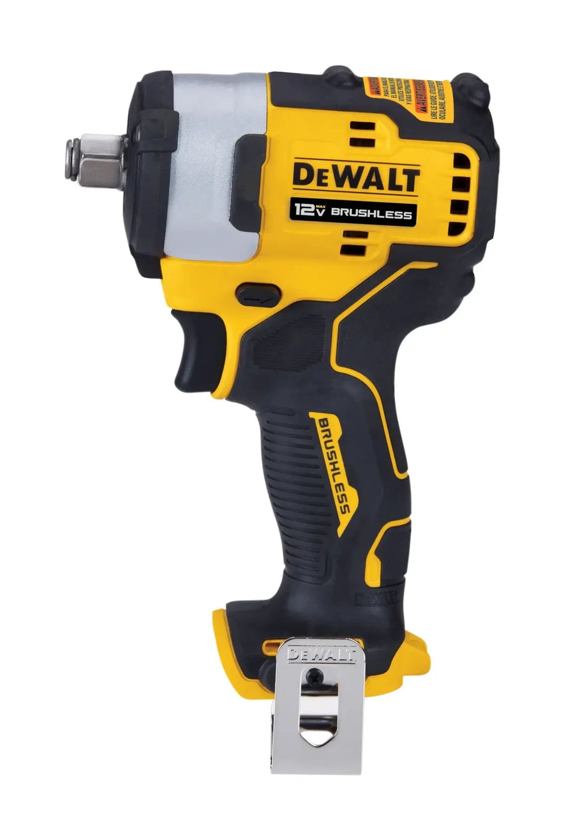 Direct side profile of the DEWALT 12V MAX brushless sub-compact impact wrench, highlighting the ergonomic handle, variable speed trigger, and integrated belt hook for easy transport on the job.