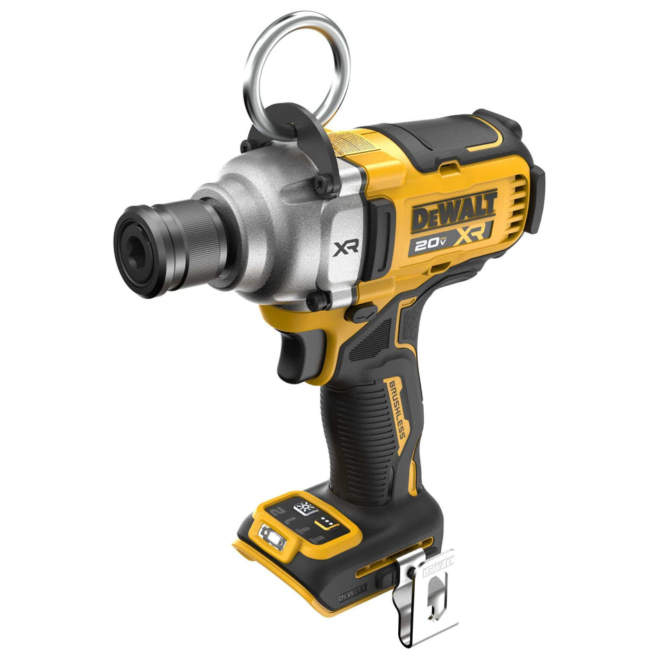A perspective studio shot of the DEWALT DCF937B 20V MAX XR brushless cordless 7/16-inch high-torque impact wrench bare tool against a white background, showing its heavy-duty yellow and black composite frame, a silver cast aluminum front nose cone, a 7/16-inch quick-connect hex anvil, an integrated metal lift ring on top, and an electronic control console foot base.