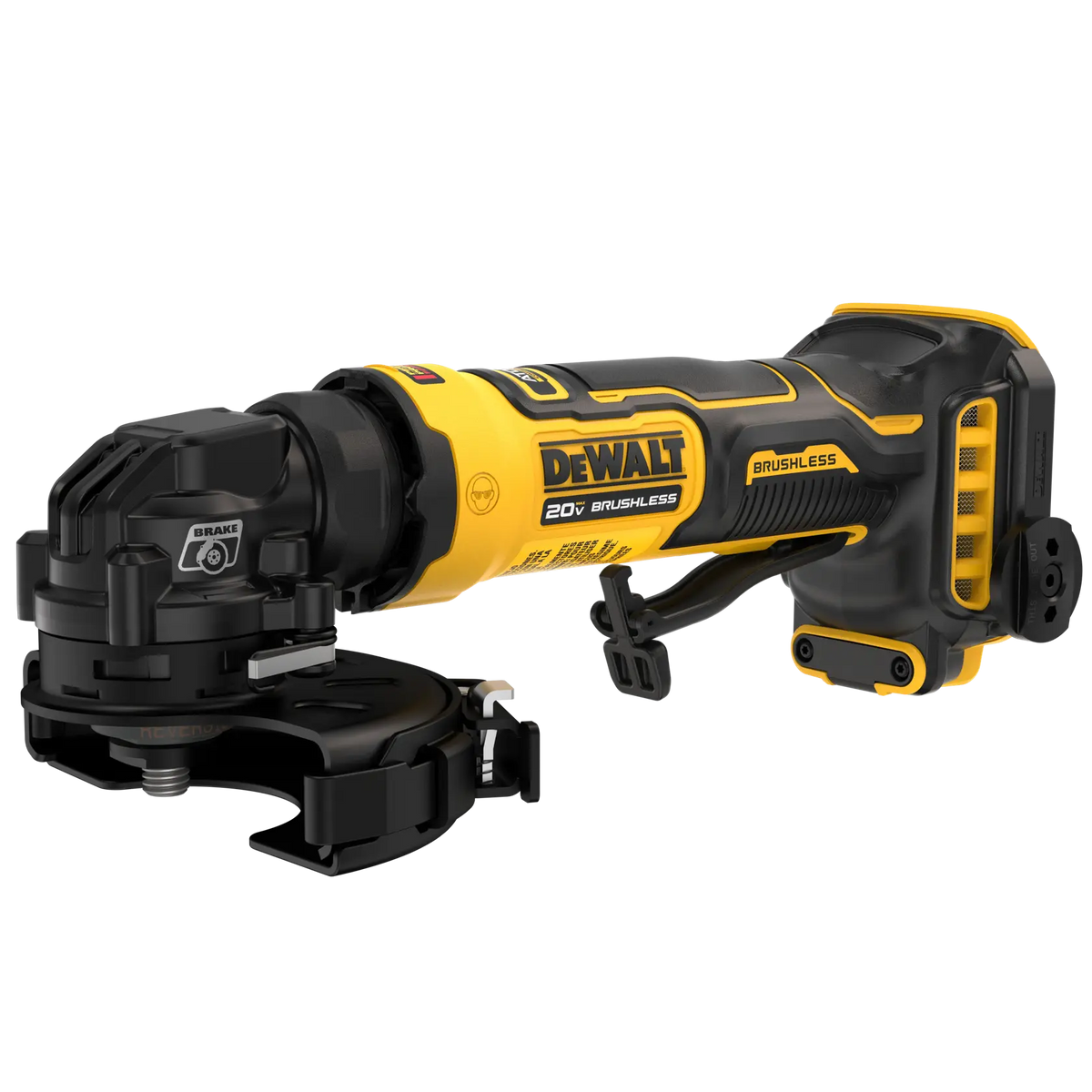 Angled profile view of the DEWALT DCG400B ATOMIC 20V MAX brushless cordless 4-inch angle grinder highlighting the slim ergonomic body, electronic brake system, and protective wheel guard.