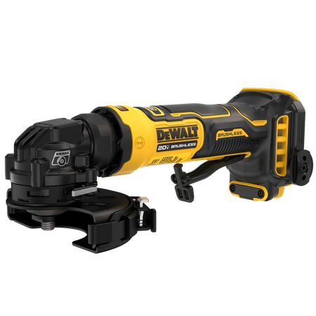 Angled profile view of the DEWALT DCG400B ATOMIC 20V MAX brushless cordless 4-inch angle grinder highlighting the slim ergonomic body, electronic brake system, and protective wheel guard.