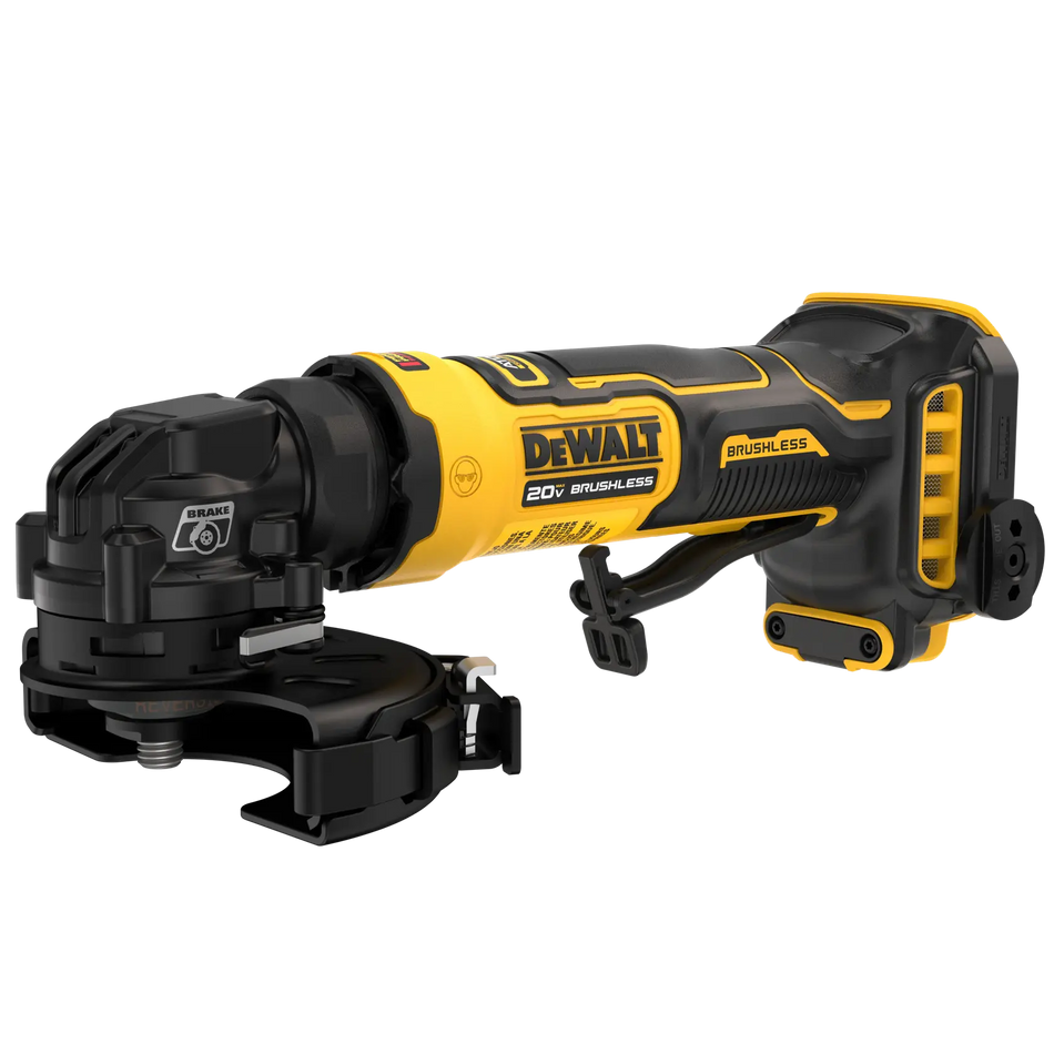 Angled profile view of the DEWALT DCG400B ATOMIC 20V MAX brushless cordless 4-inch angle grinder highlighting the slim ergonomic body, electronic brake system, and protective wheel guard.