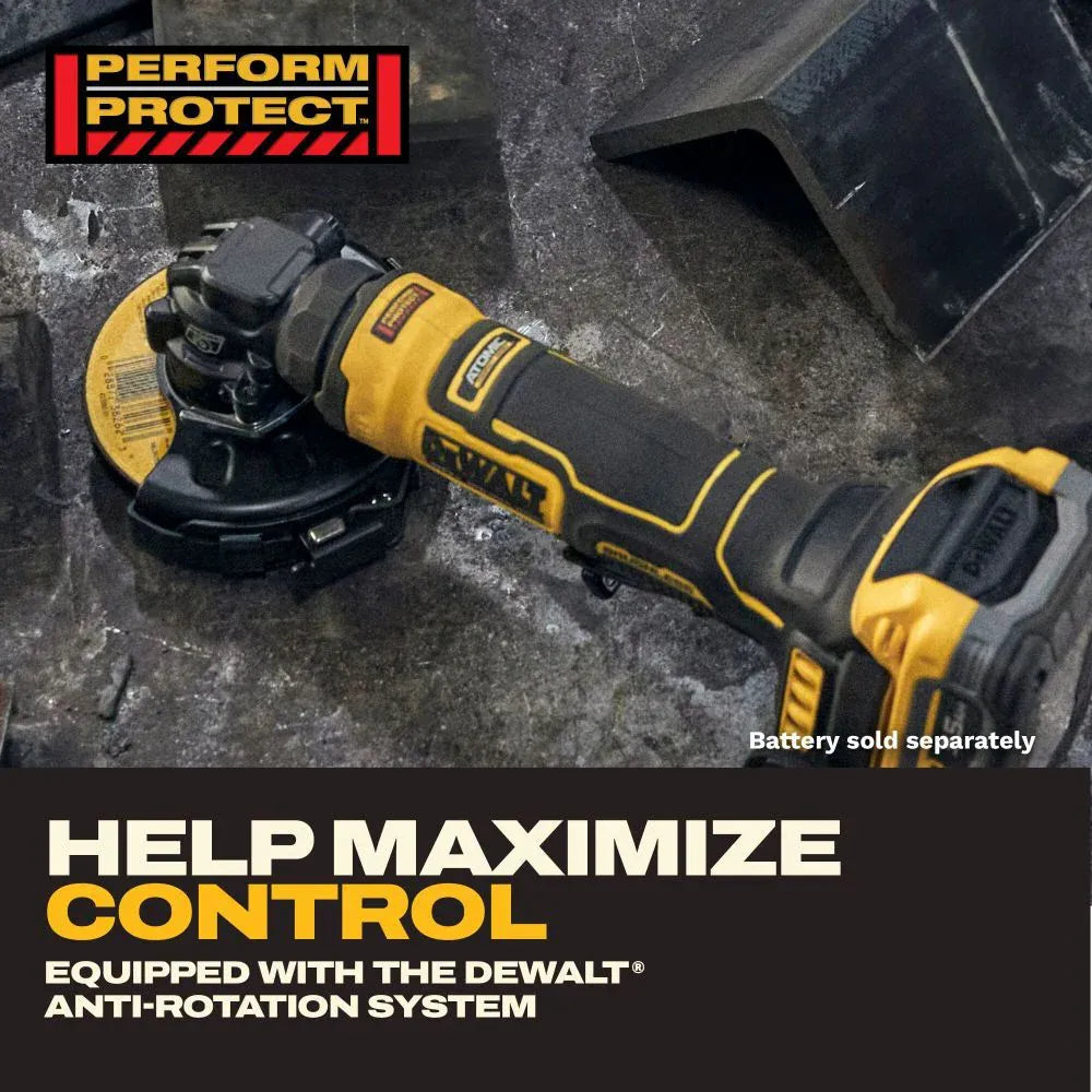 Promotional image for the DEWALT DCG400B angle grinder resting on a metal surface, emphasizing the anti-rotation system designed to maximize operator control during binds or stalls.
