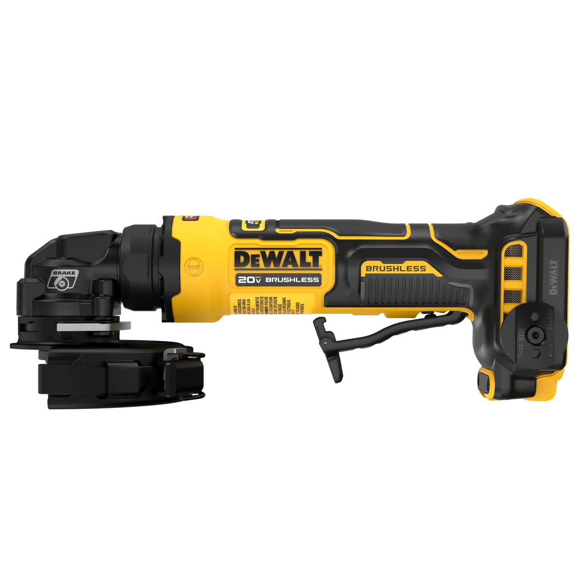 Side profile of the DEWALT ATOMIC 20V MAX cordless angle grinder showcasing the safety paddle switch and the durable yellow and black housing designed for tight spaces.