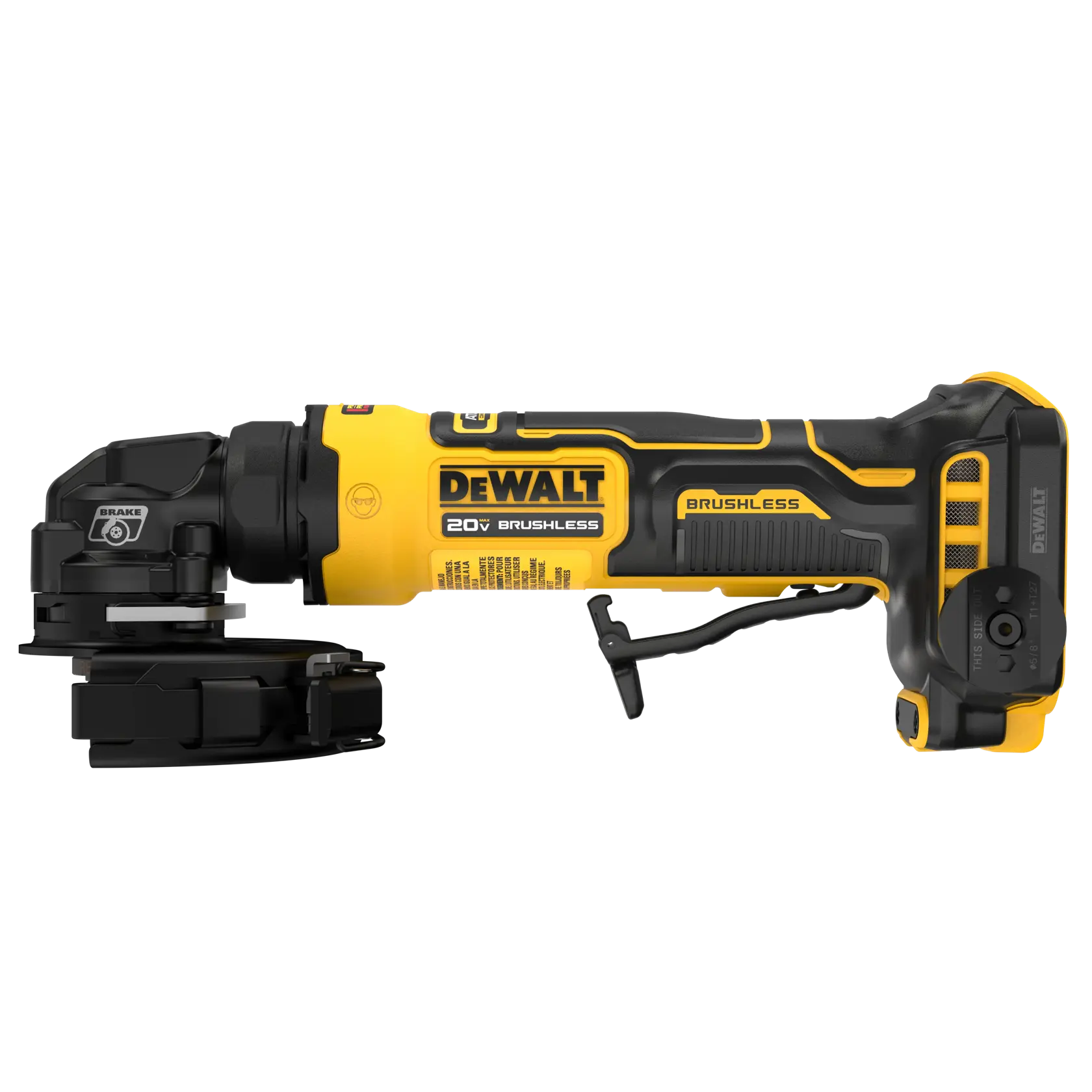 Side profile of the DEWALT ATOMIC 20V MAX cordless angle grinder showcasing the safety paddle switch and the durable yellow and black housing designed for tight spaces.