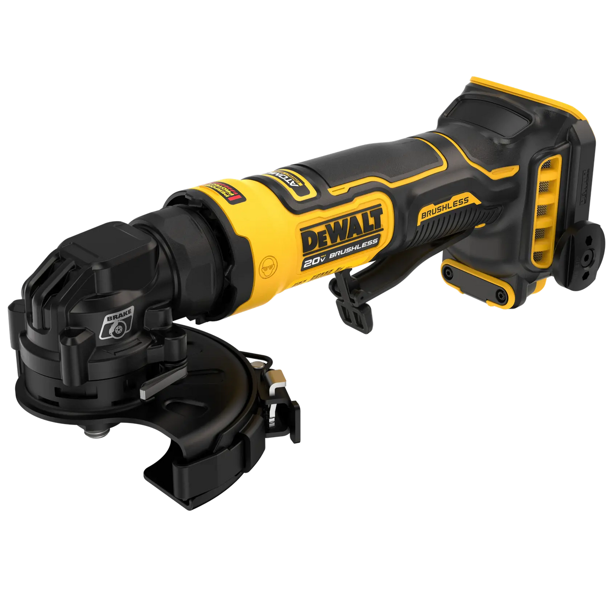 A front-angled view of the DEWALT 4-inch brushless angle grinder displaying the adjustable Type B protective guard and the high-performance motor branding.