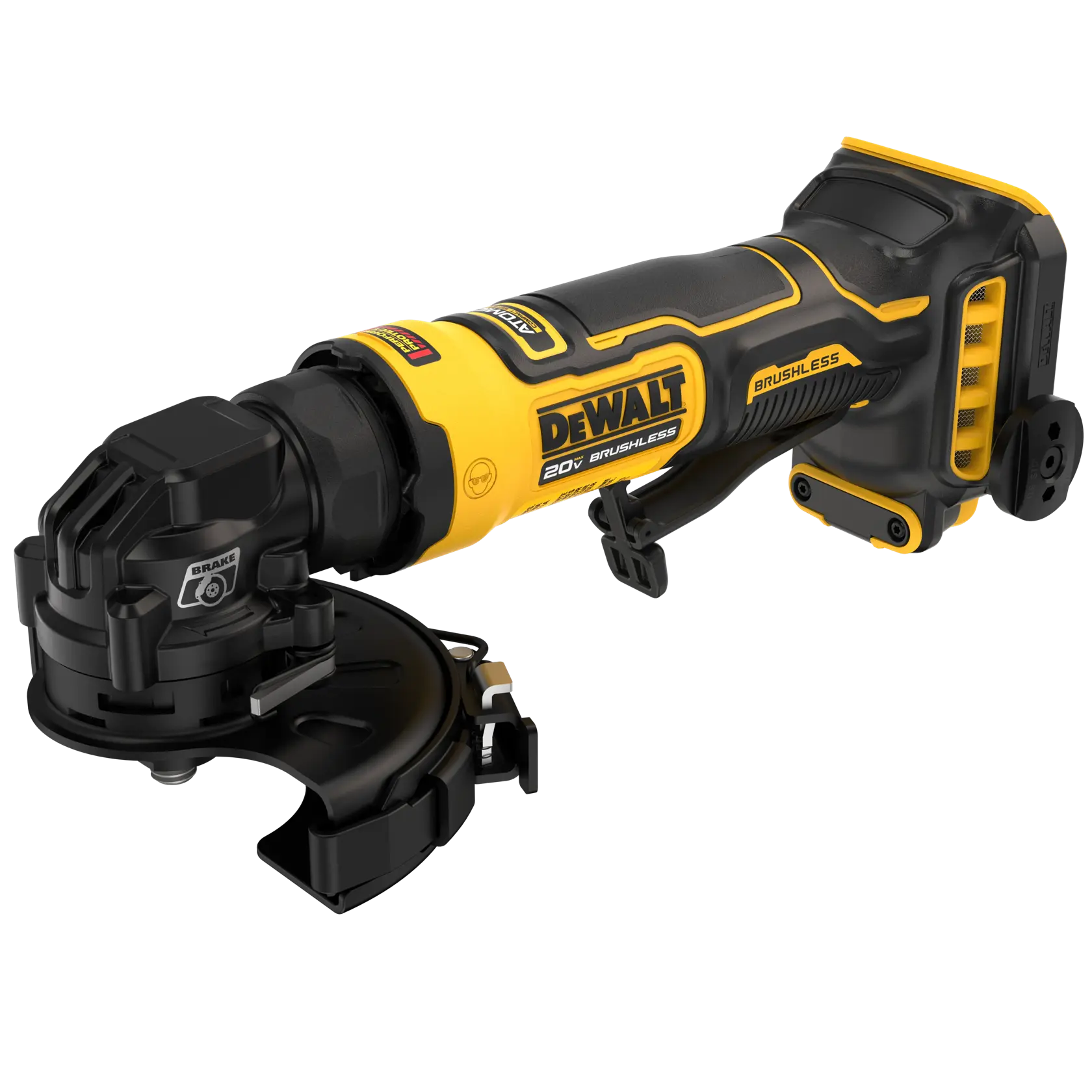 A front-angled view of the DEWALT 4-inch brushless angle grinder displaying the adjustable Type B protective guard and the high-performance motor branding.