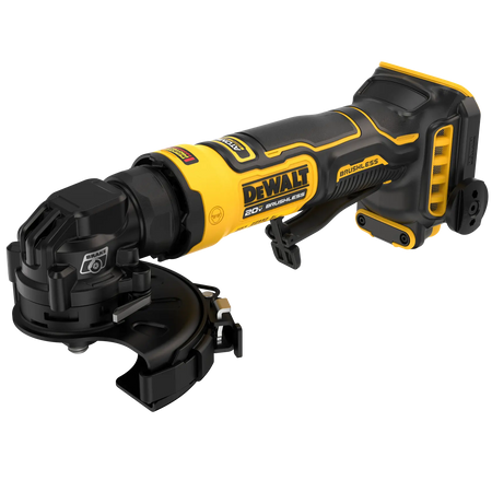A front-angled view of the DEWALT 4-inch brushless angle grinder displaying the adjustable Type B protective guard and the high-performance motor branding.