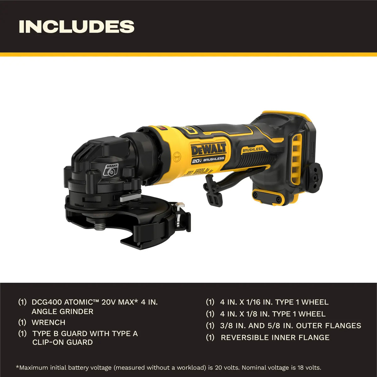 Kit overview for the DEWALT DCG400B bare tool, listing the angle grinder, wrench, Type B guard with Type A clip-on, two Type 1 wheels, and various mounting flanges.