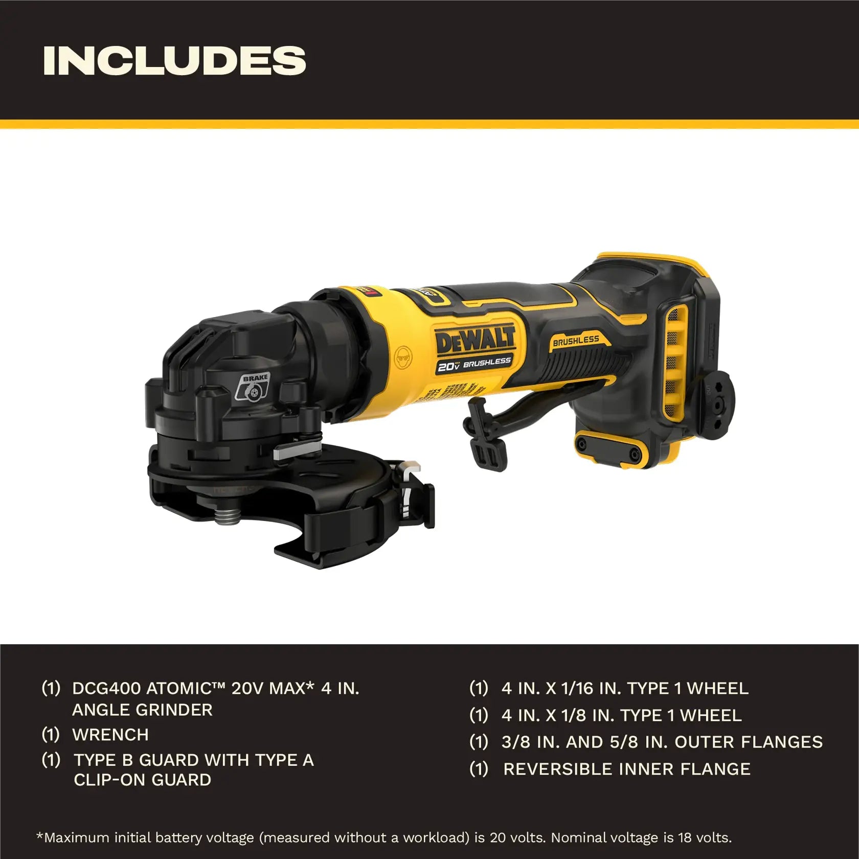 Kit overview for the DEWALT DCG400B bare tool, listing the angle grinder, wrench, Type B guard with Type A clip-on, two Type 1 wheels, and various mounting flanges.