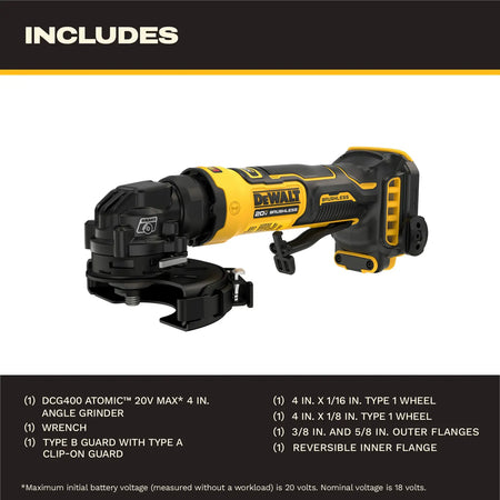 Kit overview for the DEWALT DCG400B bare tool, listing the angle grinder, wrench, Type B guard with Type A clip-on, two Type 1 wheels, and various mounting flanges.