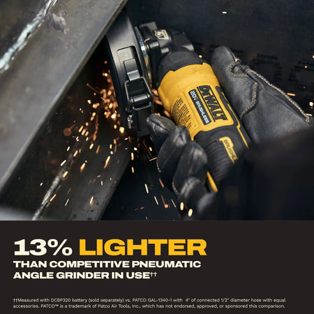 Action shot of the DEWALT ATOMIC 20V MAX angle grinder cutting through a structural steel beam with sparks, demonstrating its lightweight and powerful cordless efficiency.