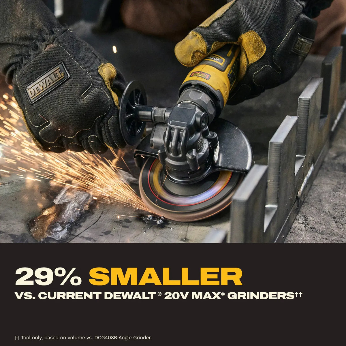 A professional fabricator using the DEWALT 20V MAX 4-inch cordless angle grinder to grind a steel component, highlighting its design which is 29 percent smaller than standard DEWALT grinders.