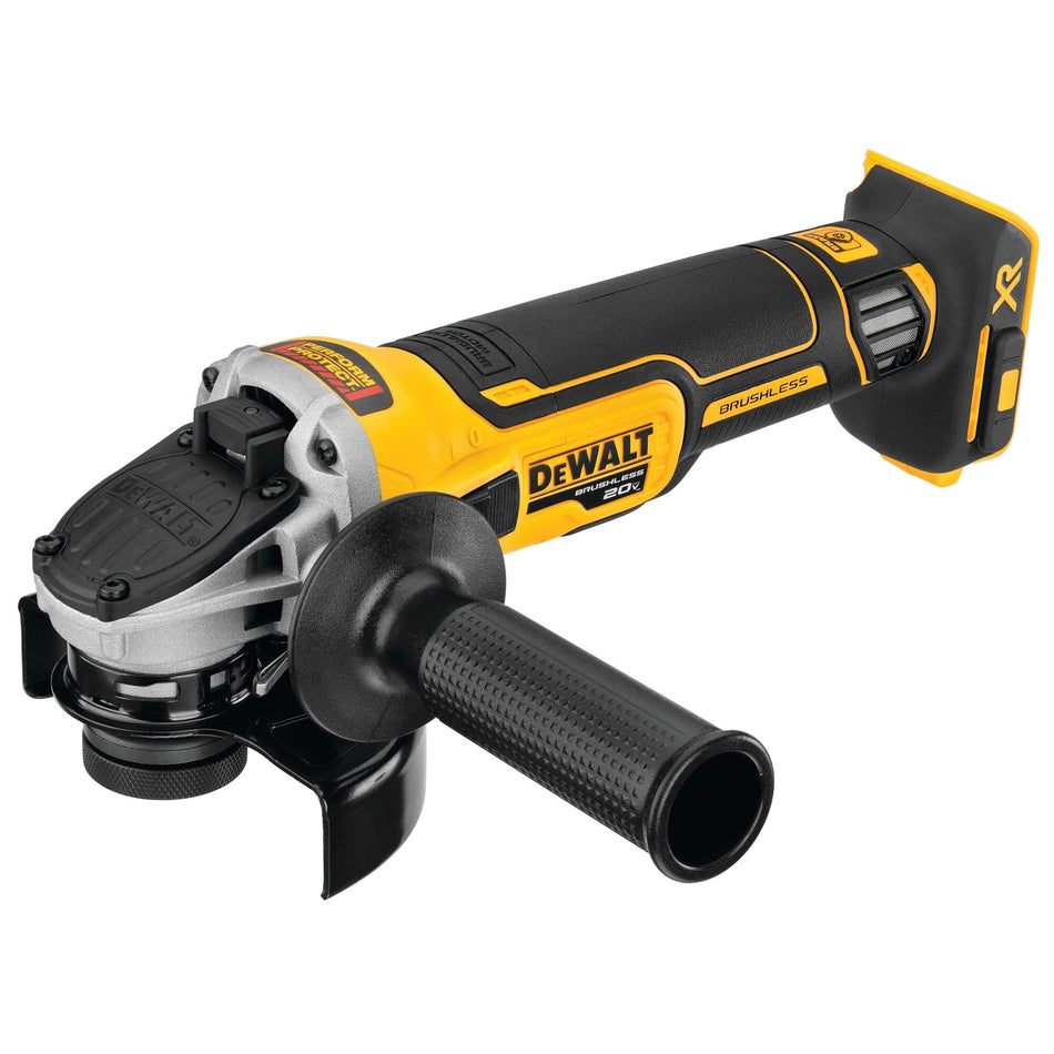 Isometric perspective view of the DEWALT cordless brushless angle grinder featuring the high-visibility yellow motor housing, a black 2-position side handle, and a protective Type 27 grinding guard for professional metalwork.