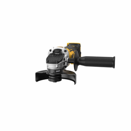 A top-down angled view of the DEWALT 20V MAX XR angle grinder showcasing the sleek professional housing and the cooling intake vents located near the battery terminal to protect the brushless motor.