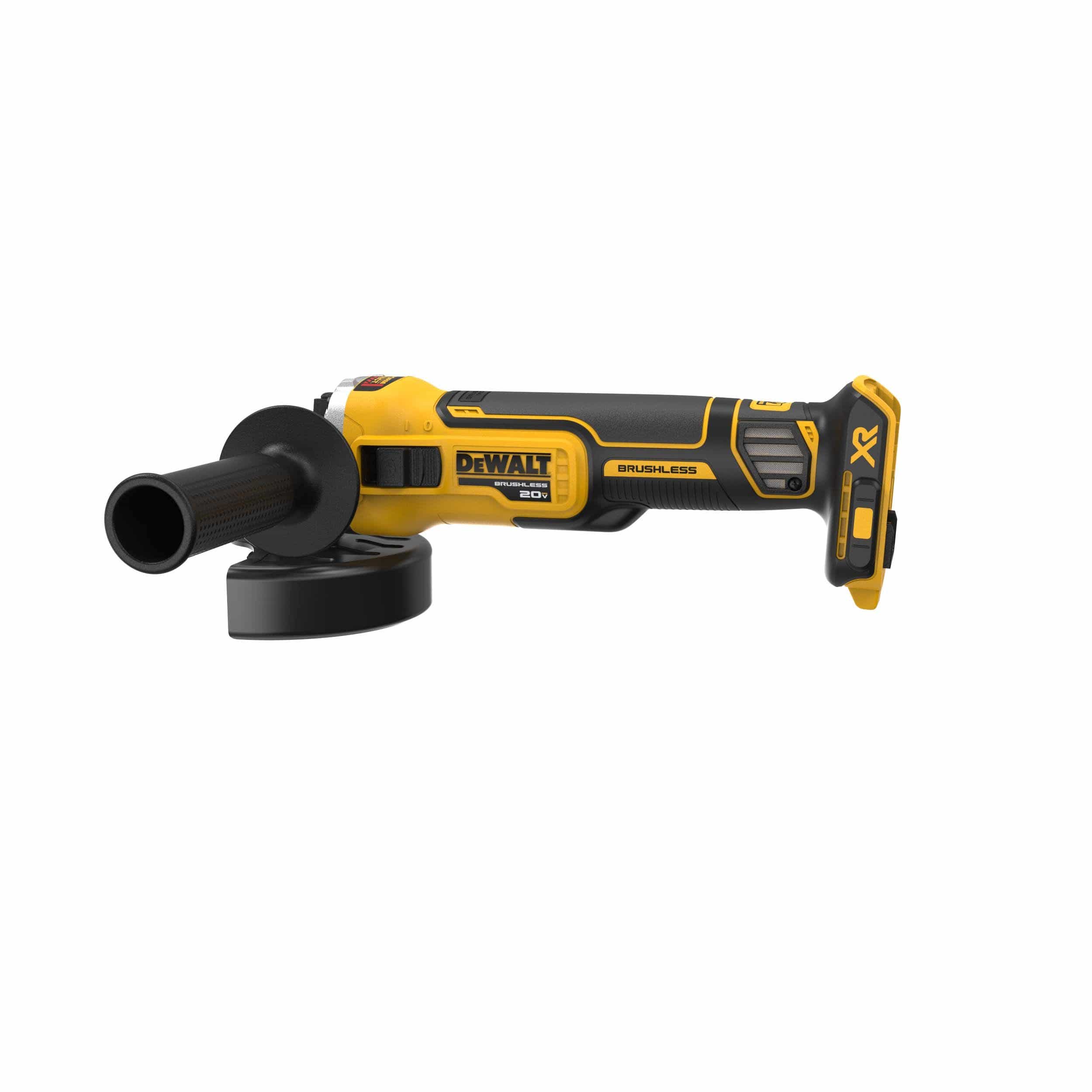 A straight side profile of the DEWALT DCG405B 20V MAX XR Brushless 4.5-inch angle grinder against a white background, highlighting the slim ergonomic body, slide switch, and the battery interface for the XR lithium-ion platform.