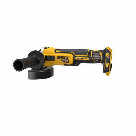 A straight side profile of the DEWALT DCG405B 20V MAX XR Brushless 4.5-inch angle grinder against a white background, highlighting the slim ergonomic body, slide switch, and the battery interface for the XR lithium-ion platform.