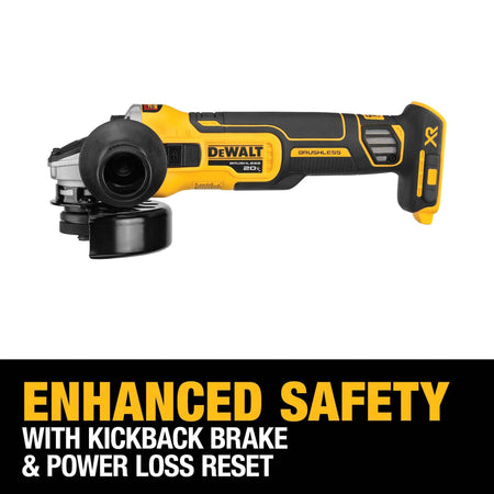 Side profile of the DEWALT 20V MAX XR Brushless 4.5-inch angle grinder with a black graphic banner highlighting enhanced safety features including the integrated kickback brake and power loss reset technology.