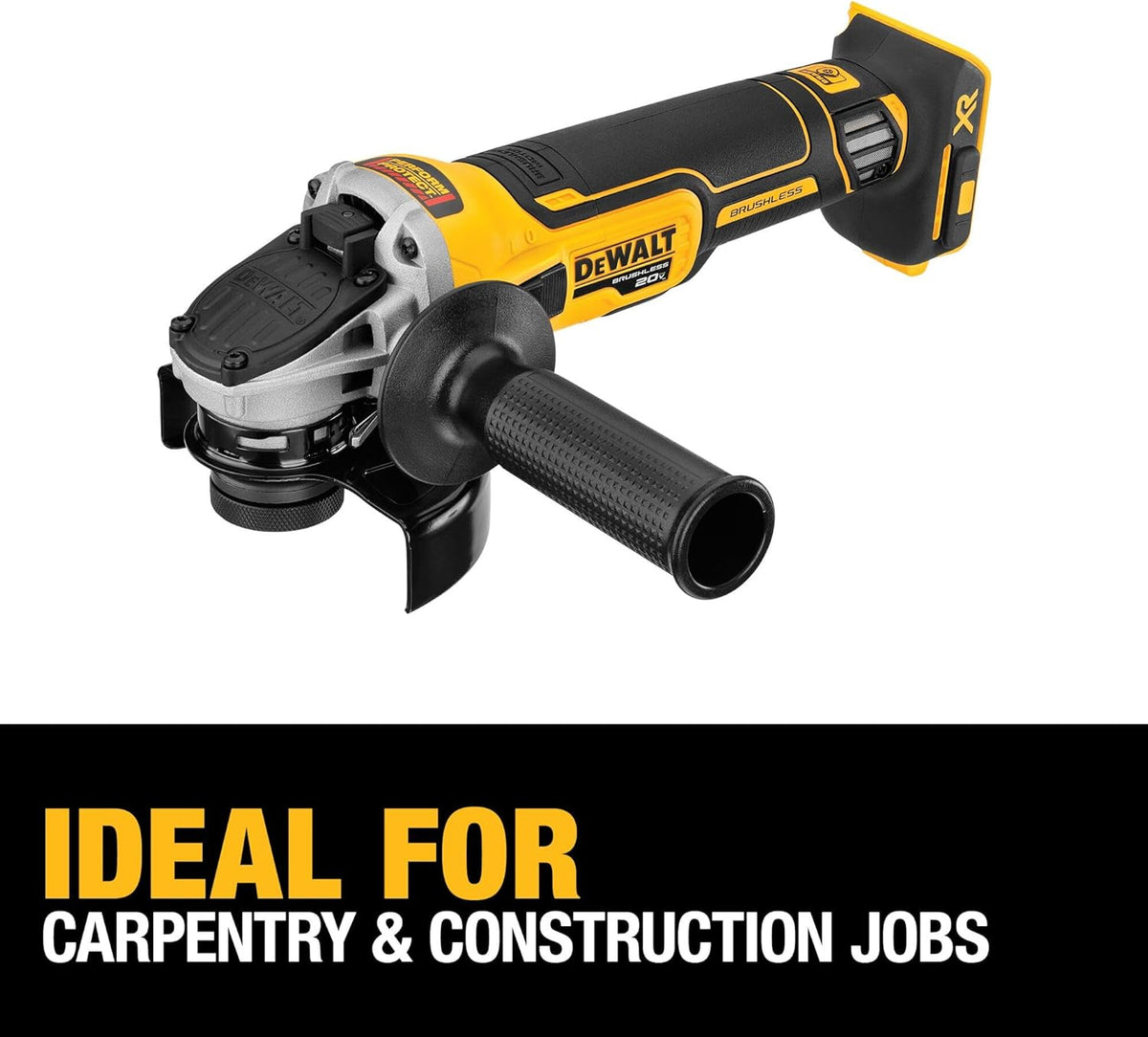 Isometric view of the DEWALT DCG405B cordless angle grinder with a bold text overlay stating the tool is ideal for carpentry and construction jobs, emphasizing its versatility in professional trade applications.