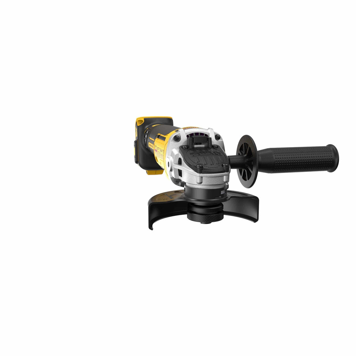 A low-angle front perspective of the DEWALT 4.5-inch cordless grinder emphasizing the heavy-duty metal gear case and the adjustable guard designed to protect the user during aggressive cutting and grinding.