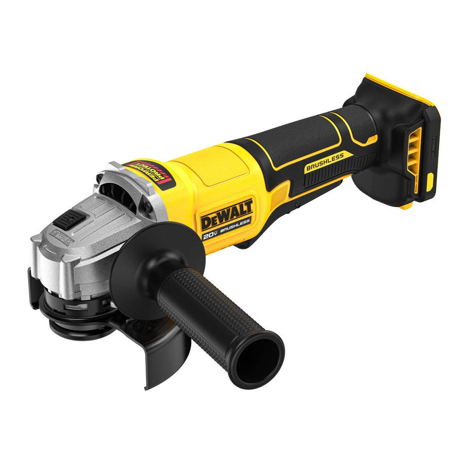 A perspective studio shot of the DEWALT DCG408B 20V MAX brushless 4-1/2-inch angle grinder showing its bright yellow composite body, textured black rubber handle grip, silver cast metal gear housing, and a black auxiliary side handle against a clean white background.