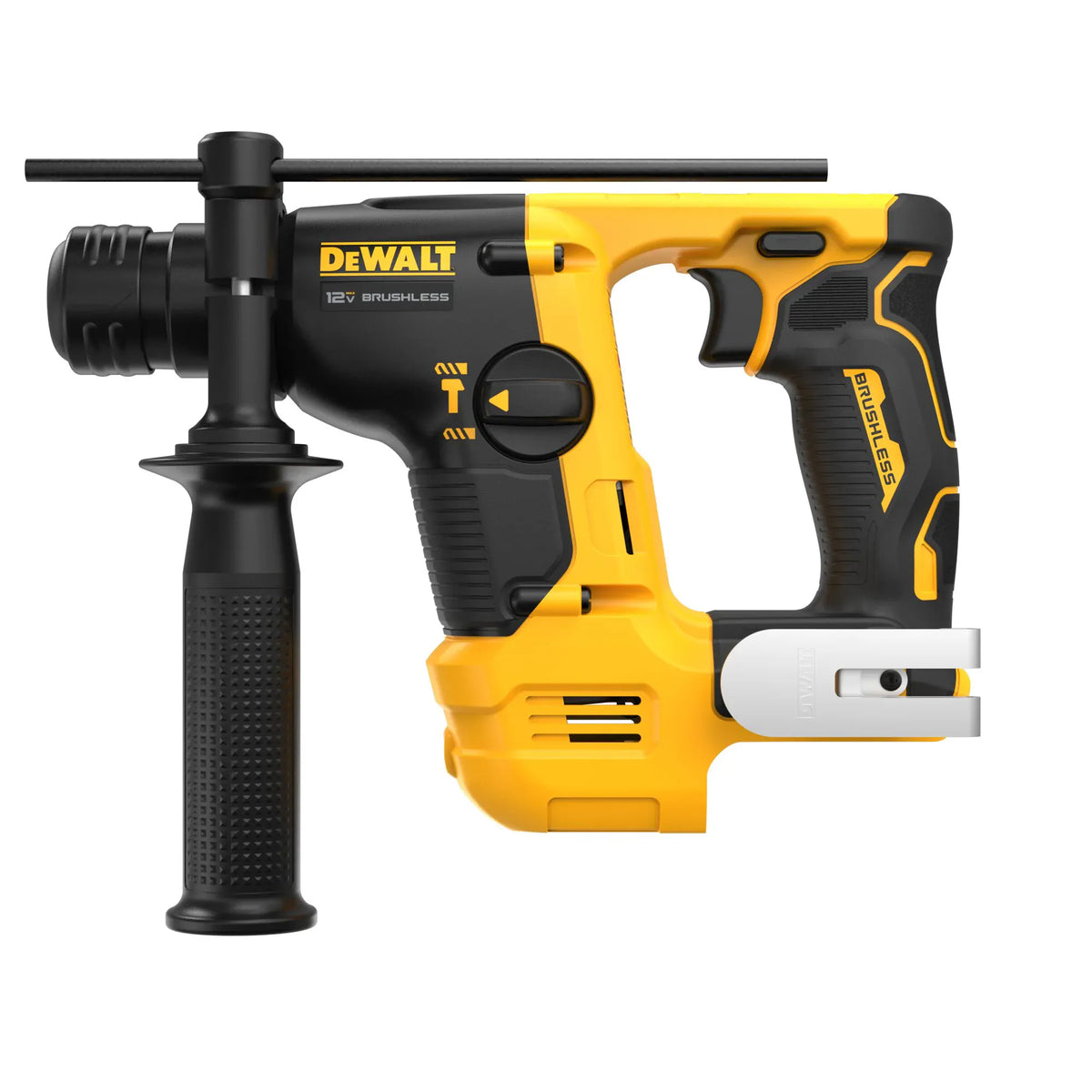 Right side profile of the DEWALT DCH072B XTREME 12V MAX brushless cordless rotary hammer featuring an L-shape design with a 360-degree side handle and depth rod.