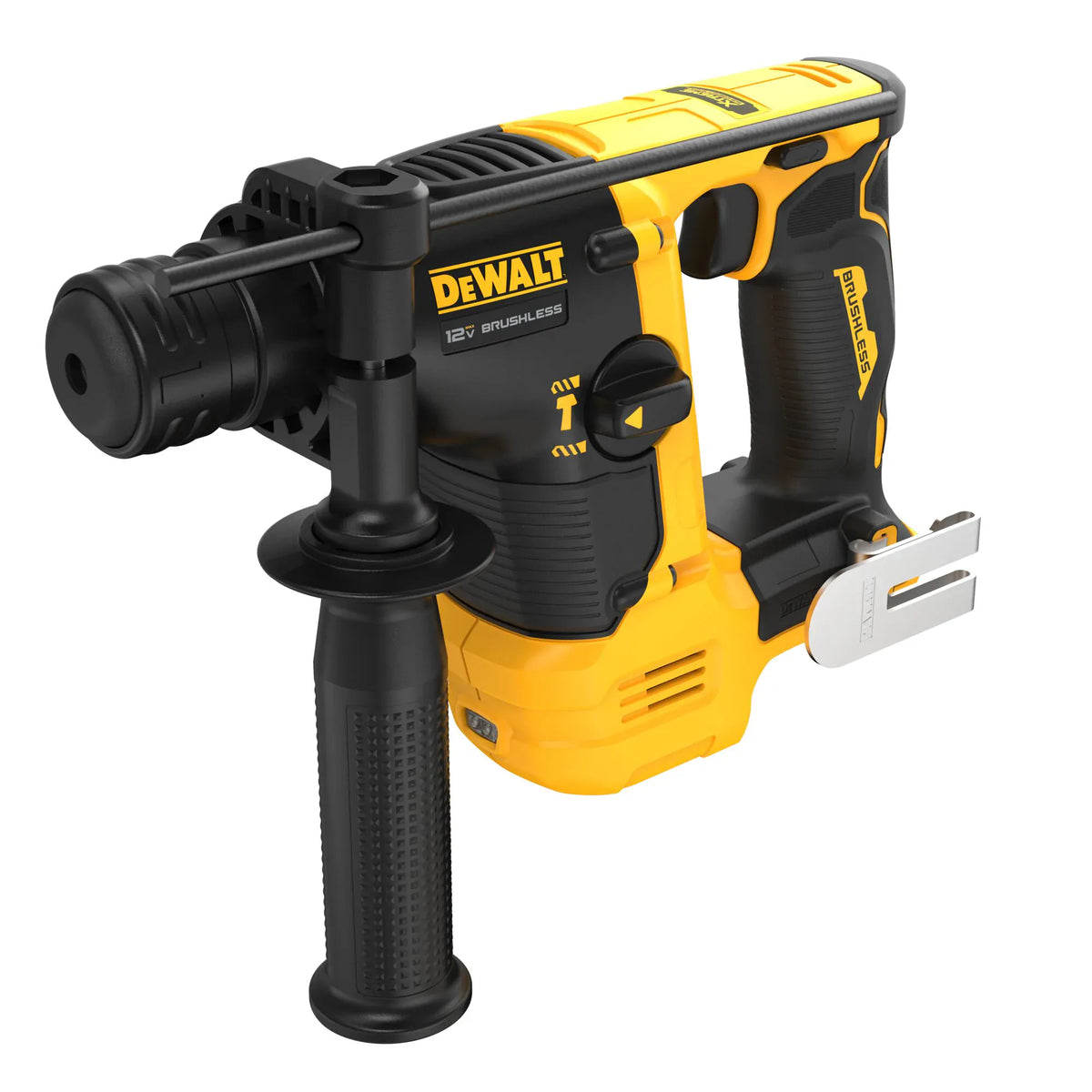 Angled view of the DEWALT 12V MAX SDS Plus rotary hammer drill showcasing the compact motor housing and the textured ergonomic grip designed for concrete anchoring.