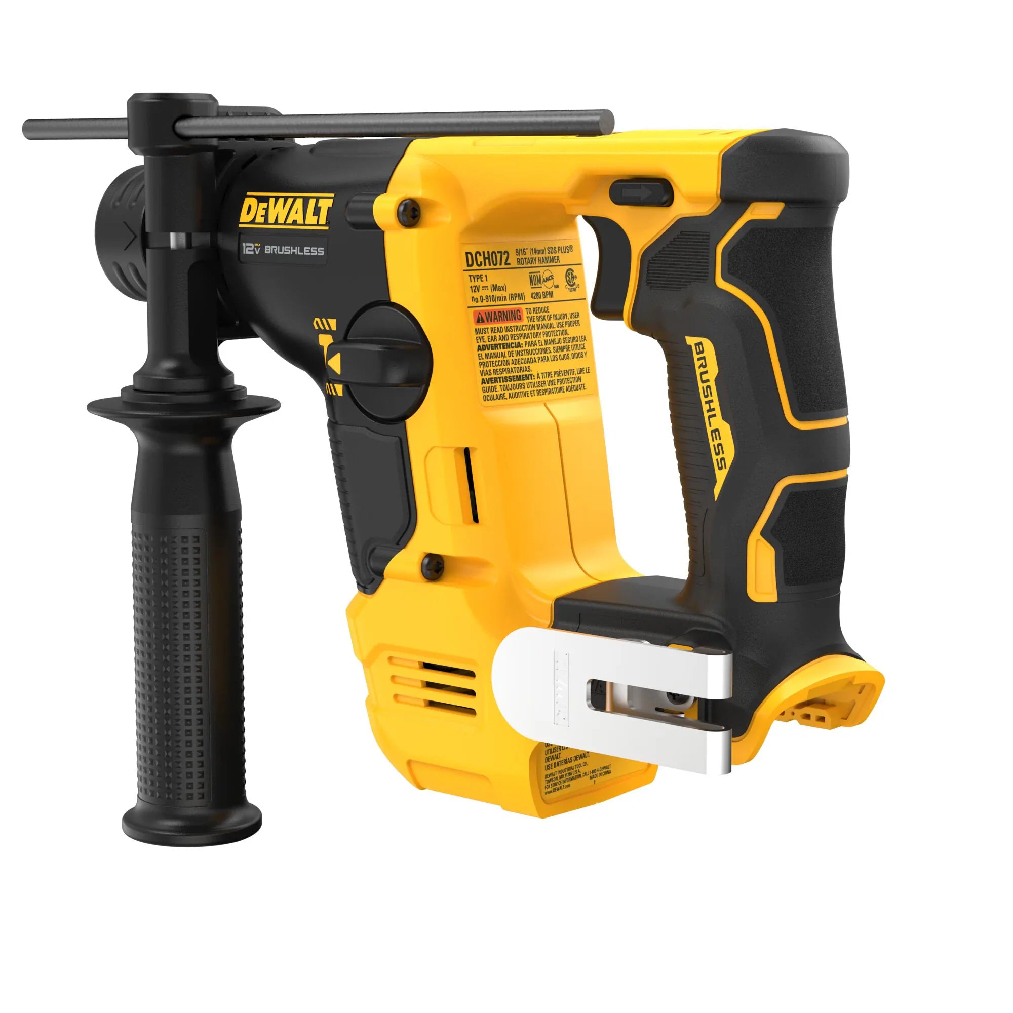 Rear angled view of the DEWALT brushless SDS Plus hammer drill displaying the battery port and the integrated belt hook for easy portability on the job site.