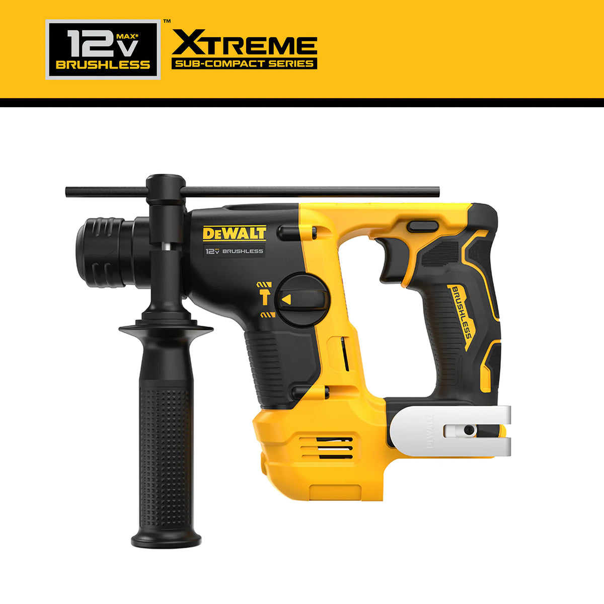 DEWALT XTREME sub-compact series branding above the DCH072B 12V MAX brushless rotary hammer, emphasizing its lightweight and high-performance design for professional trades.