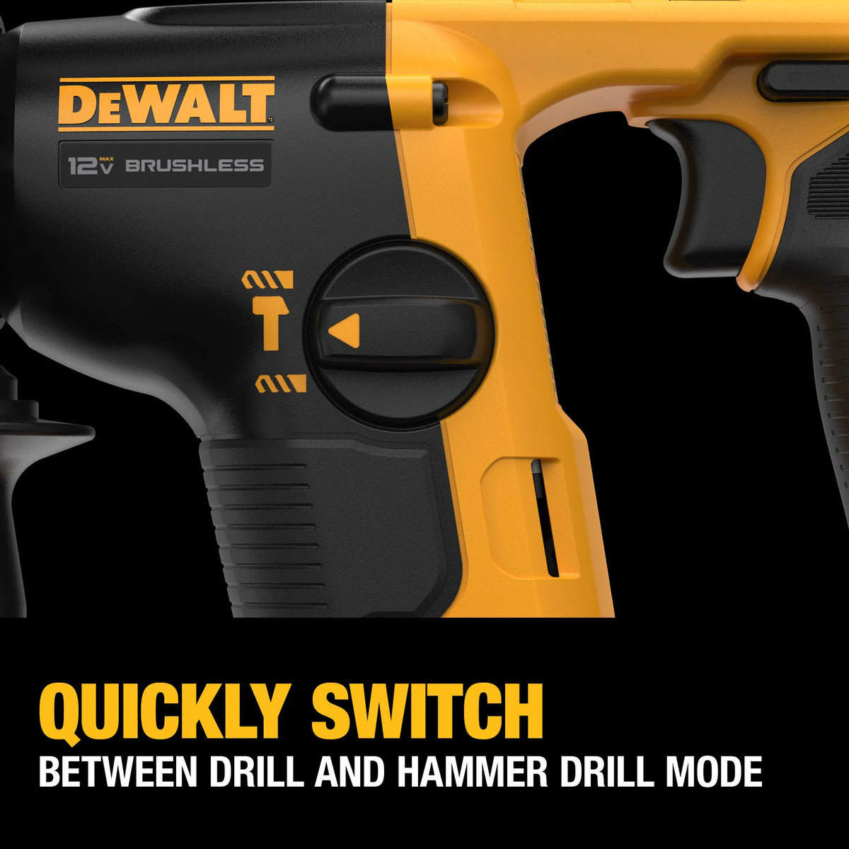 Close-up of the mode selector switch on the DEWALT 12V MAX rotary hammer, allowing the user to quickly switch between standard drilling and hammer drilling modes.