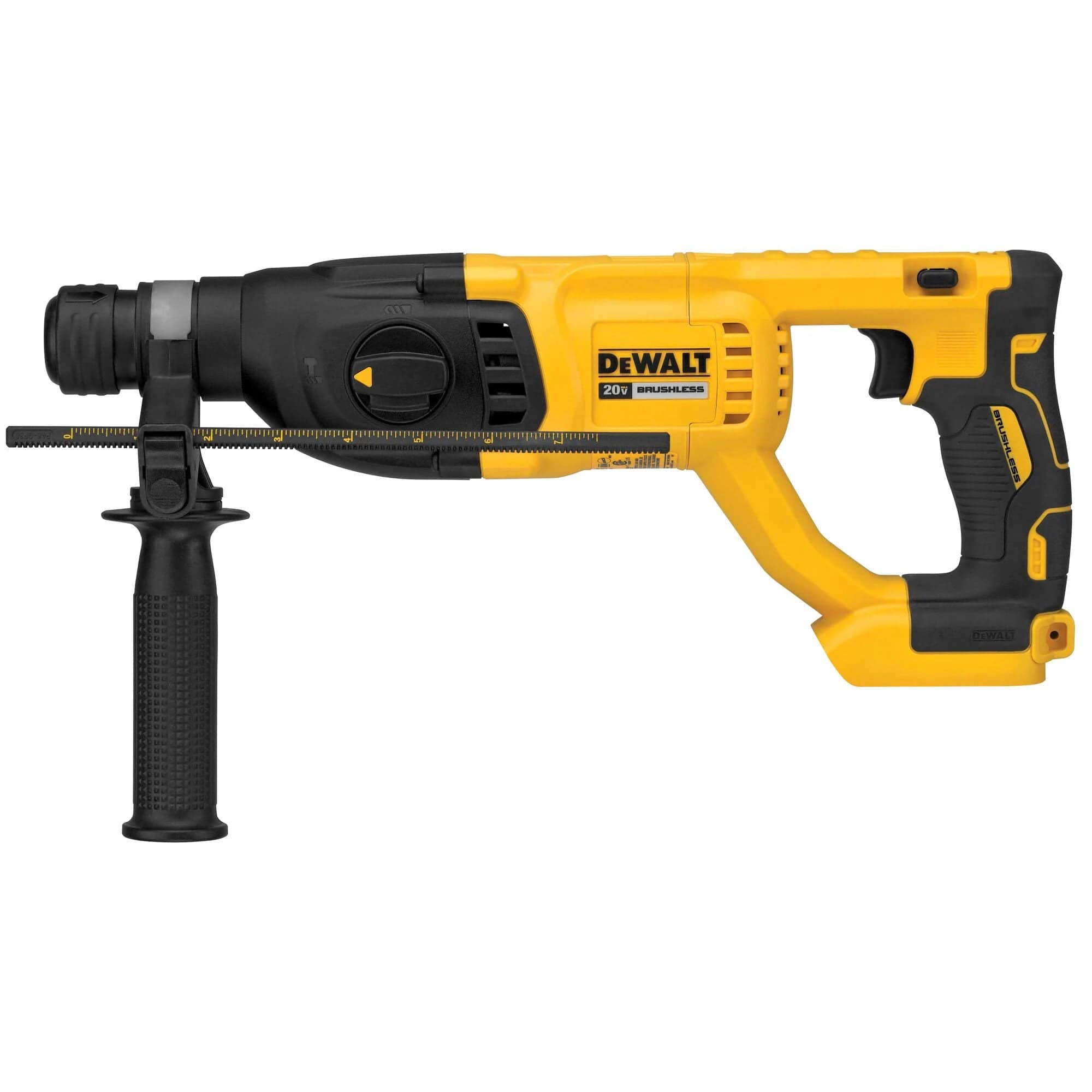 Side profile view of the DEWALT DCH133B 20V MAX brushless 1-inch SDS Plus rotary hammer featuring its professional yellow and black D-handle design with an adjustable 360-degree side handle and depth rod installed.