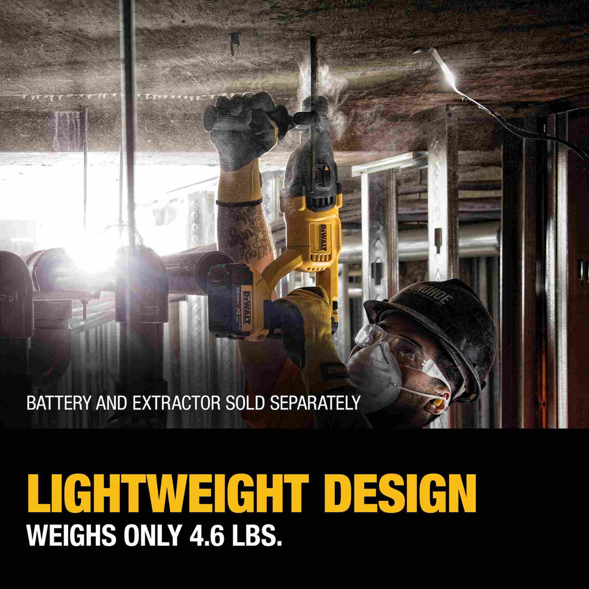 Jobsite application photo showing a professional worker using the lightweight DEWALT D-handle rotary hammer for overhead drilling in a commercial construction setting, emphasizing the tool's 4.6-pound weight.