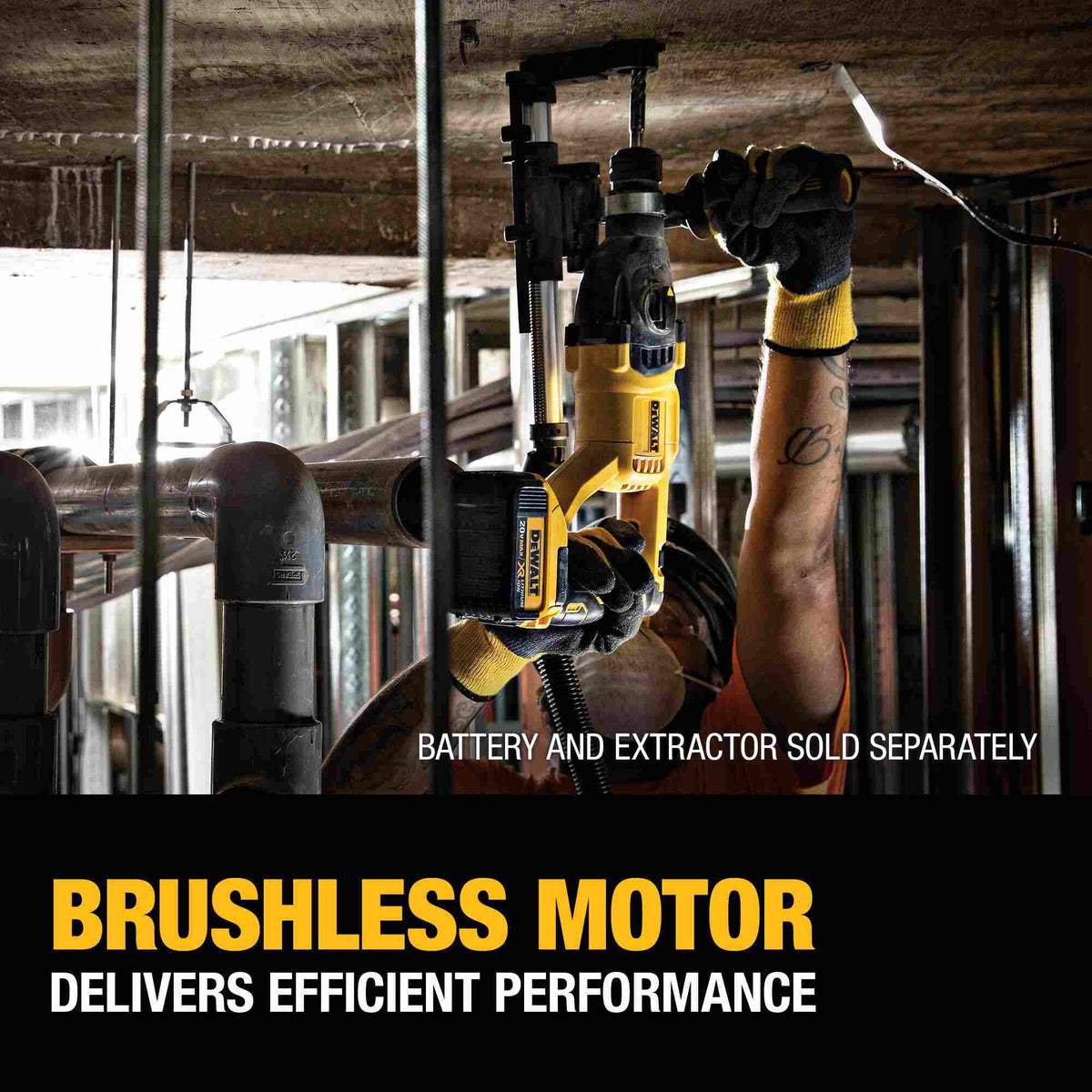A professional contractor using the DEWALT 20V MAX XR brushless rotary hammer with a dust extraction system to drill an overhead hole into a concrete ceiling, highlighting the efficiency of the brushless motor.