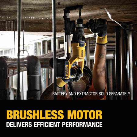 A professional contractor using the DEWALT 20V MAX XR brushless rotary hammer with a dust extraction system to drill an overhead hole into a concrete ceiling, highlighting the efficiency of the brushless motor.