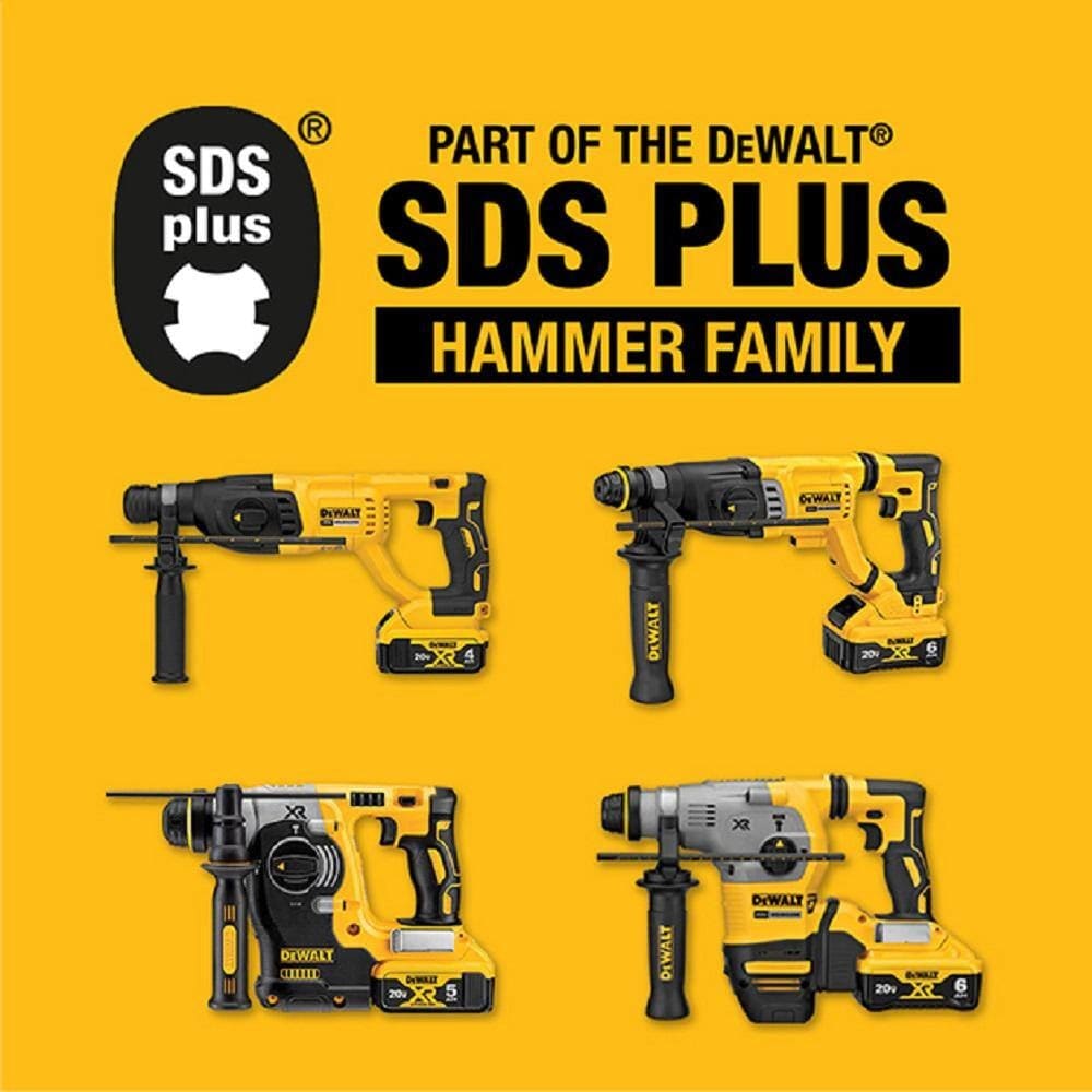 A marketing graphic showcasing the DEWALT SDS Plus Hammer Family, featuring four different cordless rotary hammer models with various battery configurations and handle styles on a yellow background.