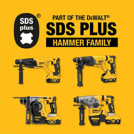 A marketing graphic showcasing the DEWALT SDS Plus Hammer Family, featuring four different cordless rotary hammer models with various battery configurations and handle styles on a yellow background.