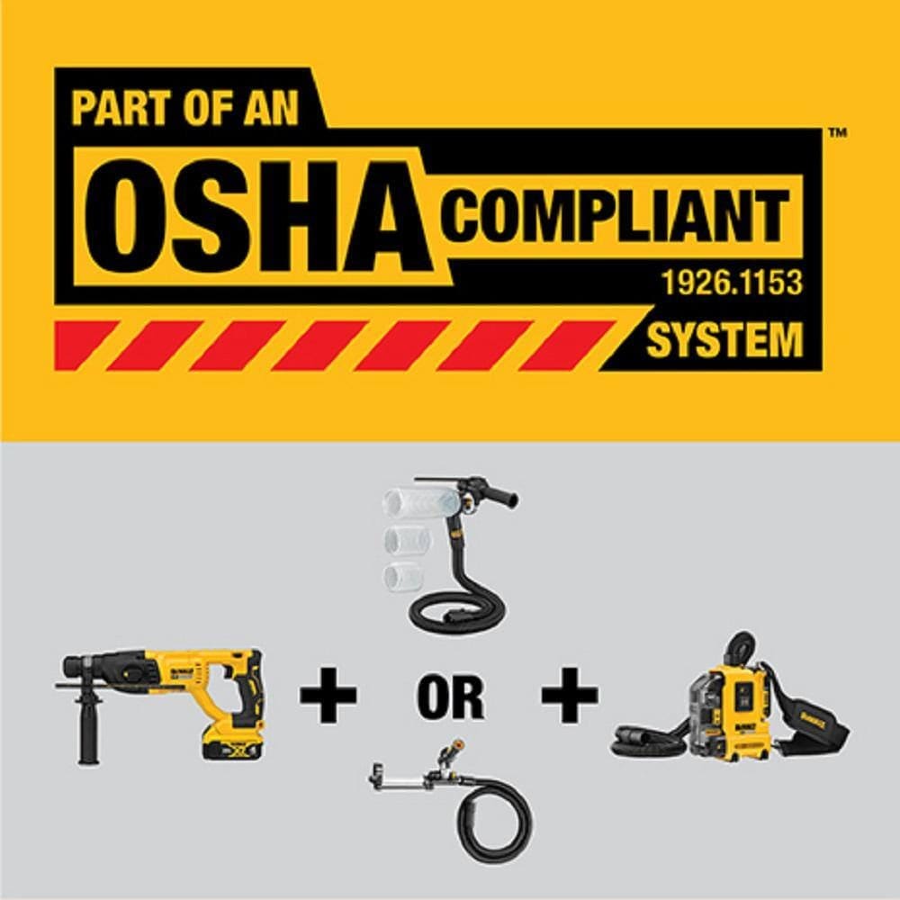 Safety compliance graphic illustrating how the DEWALT DCH133 rotary hammer integrates with dust extractors and vacuums to form an OSHA-compliant table 1 silica dust collection system.
