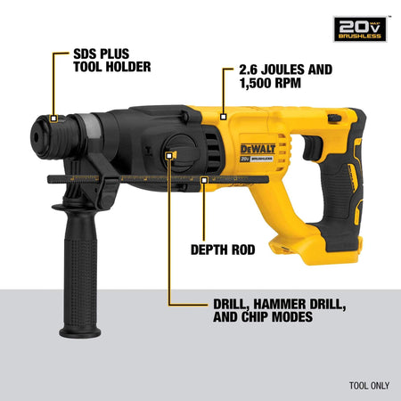 A features diagram of the DEWALT DCH133 rotary hammer drill highlighting the SDS Plus tool holder, the German-engineered mechanism delivering 2.6 Joules and 1,500 RPM, the adjustable depth rod, and the 3-mode selection dial for drill, hammer drill, and chip modes.