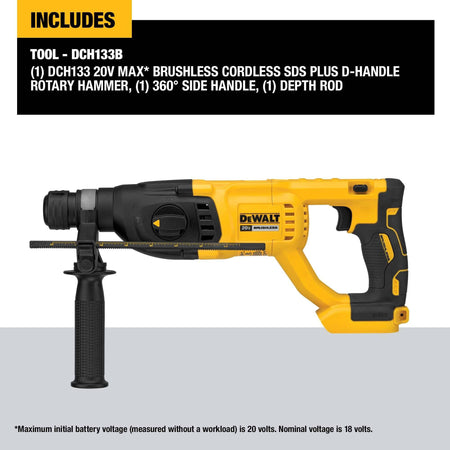 Infographic showing what is included with the DEWALT DCH133B bare tool, specifically the D-handle rotary hammer, the 360-degree side handle, and the depth rod.