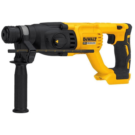 Perspective view of the cordless DEWALT 1-inch SDS Plus rotary hammer emphasizing its compact D-handle configuration for balanced operation during heavy-duty masonry drilling.