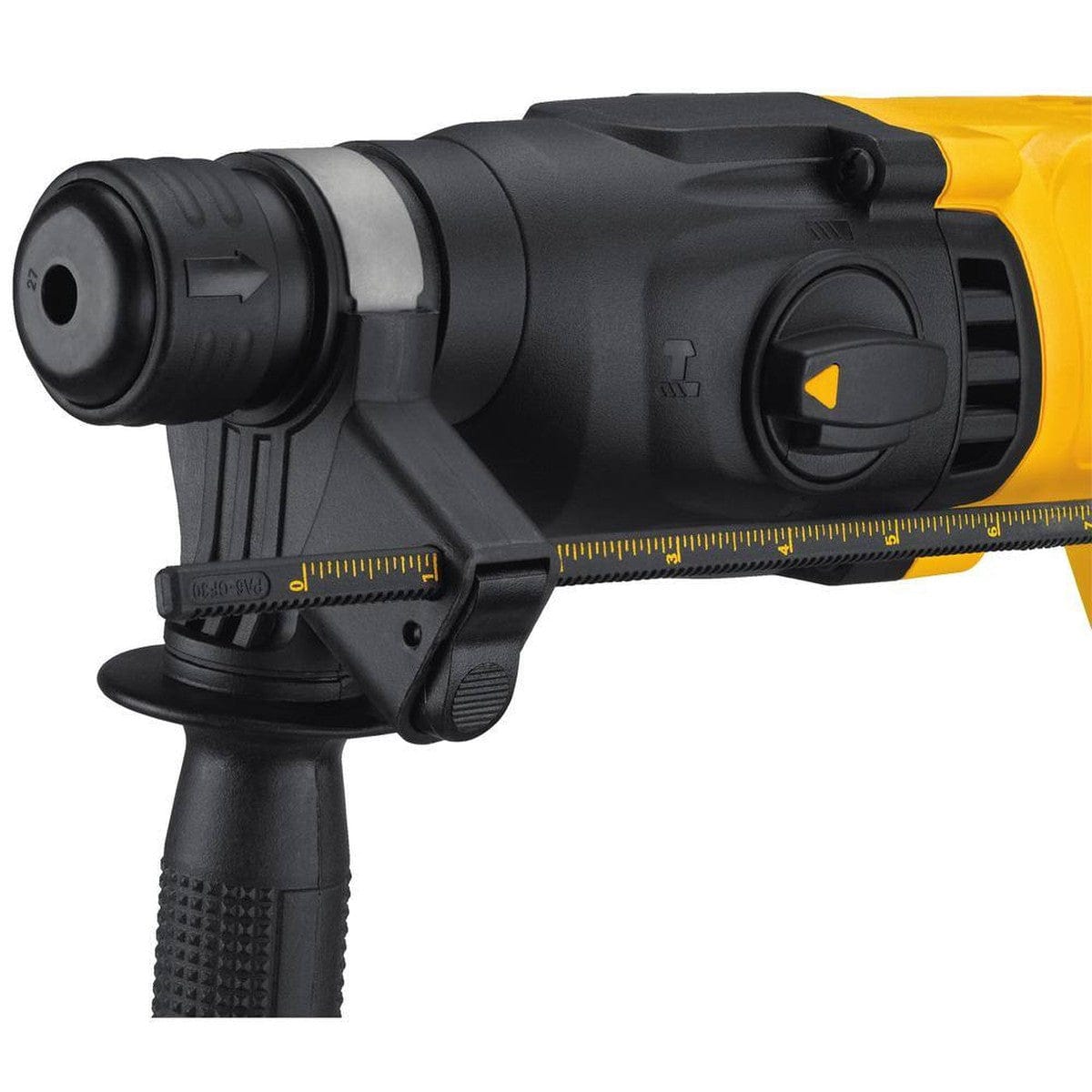 Close-up detail of the DEWALT rotary hammer's front end, showing the SDS Plus chuck, the adjustable depth rod clamp, and the mode selection dial set to hammer drill mode.