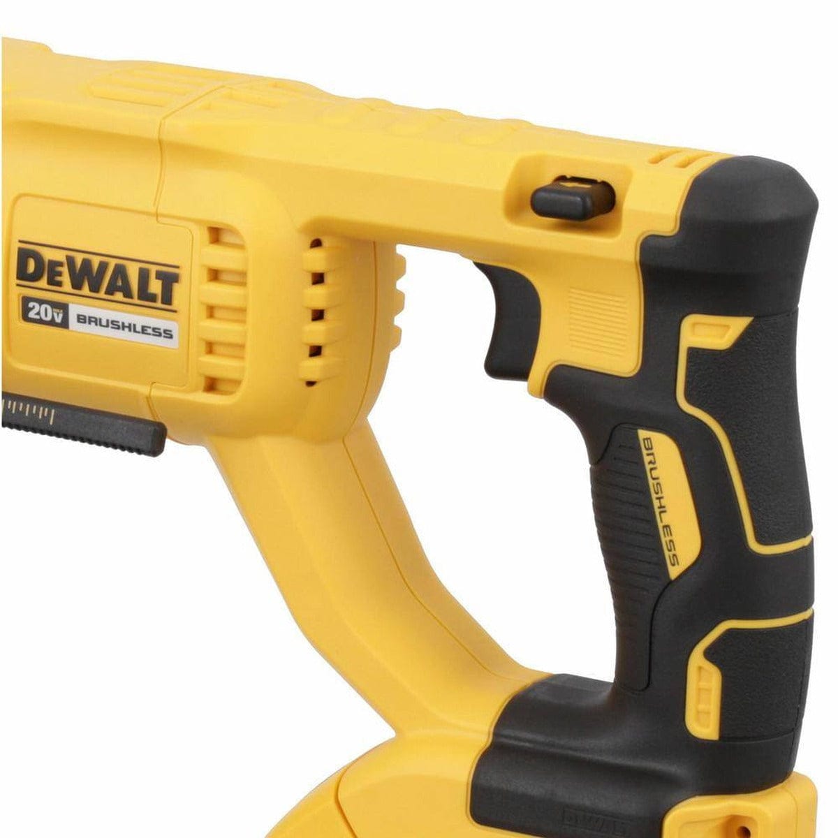 Detailed view of the DEWALT D-handle and trigger assembly, highlighting the brushless motor branding, ergonomic rubber overmold grip, and the forward/reverse selector switch.