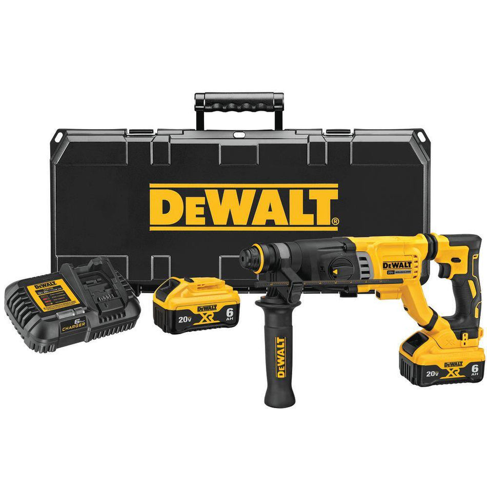 Comprehensive product kit view of the DEWALT DCH263R2 20V MAX XR brushless 1-1/8-inch SDS Plus cordless D-handle rotary hammer, including two 6.0Ah batteries, a fast charger, and a heavy-duty black carrying case.