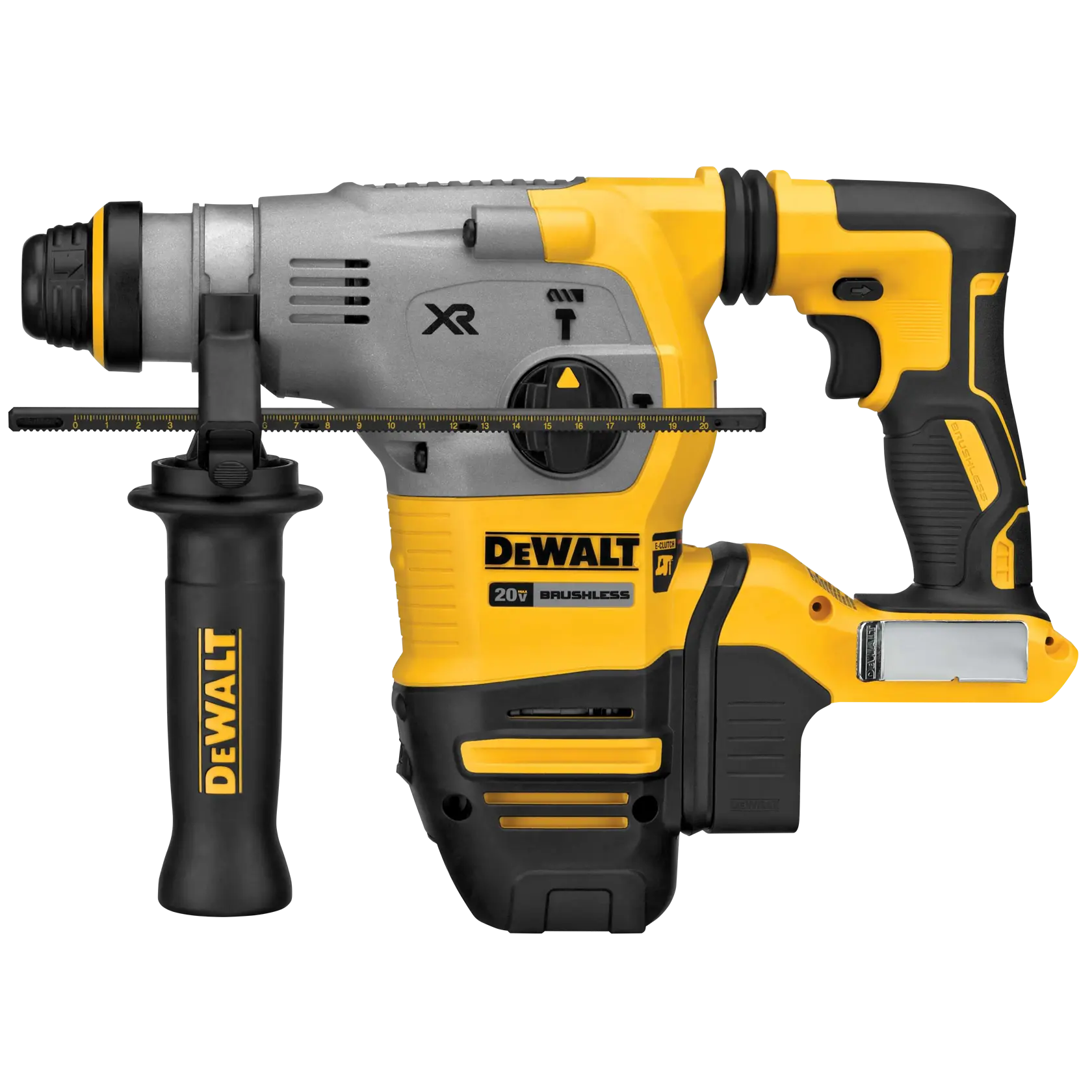 A studio profile view of the DEWALT DCH293B 20V MAX XR brushless 1-1/8 inch SDS Plus L-shape rotary hammer. The image shows the professional yellow and black tool with the side handle and depth rod attached, highlighting its ergonomic L-shape design and XR Brushless branding.