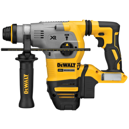 A studio profile view of the DEWALT DCH293B 20V MAX XR brushless 1-1/8 inch SDS Plus L-shape rotary hammer. The image shows the professional yellow and black tool with the side handle and depth rod attached, highlighting its ergonomic L-shape design and XR Brushless branding.