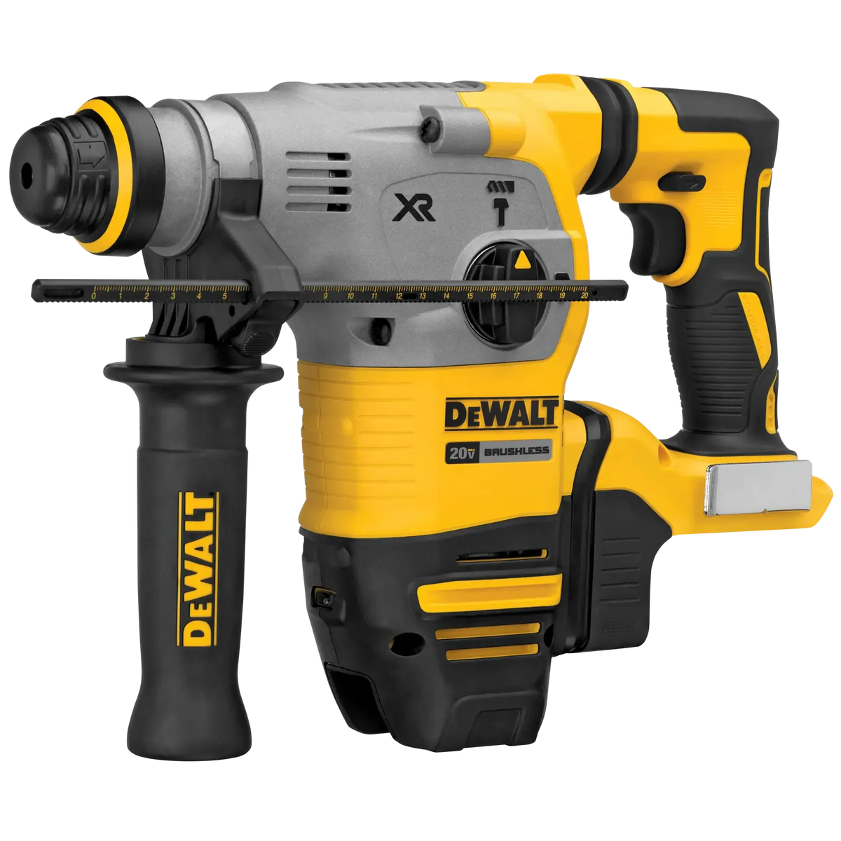 A perspective view of the DEWALT DCH293B rotary hammer showcasing the SDS Plus tool holder and the rotating mode selection dial. The image emphasizes the rugged construction of the tool, including the 360-degree adjustable side handle for enhanced drilling control.