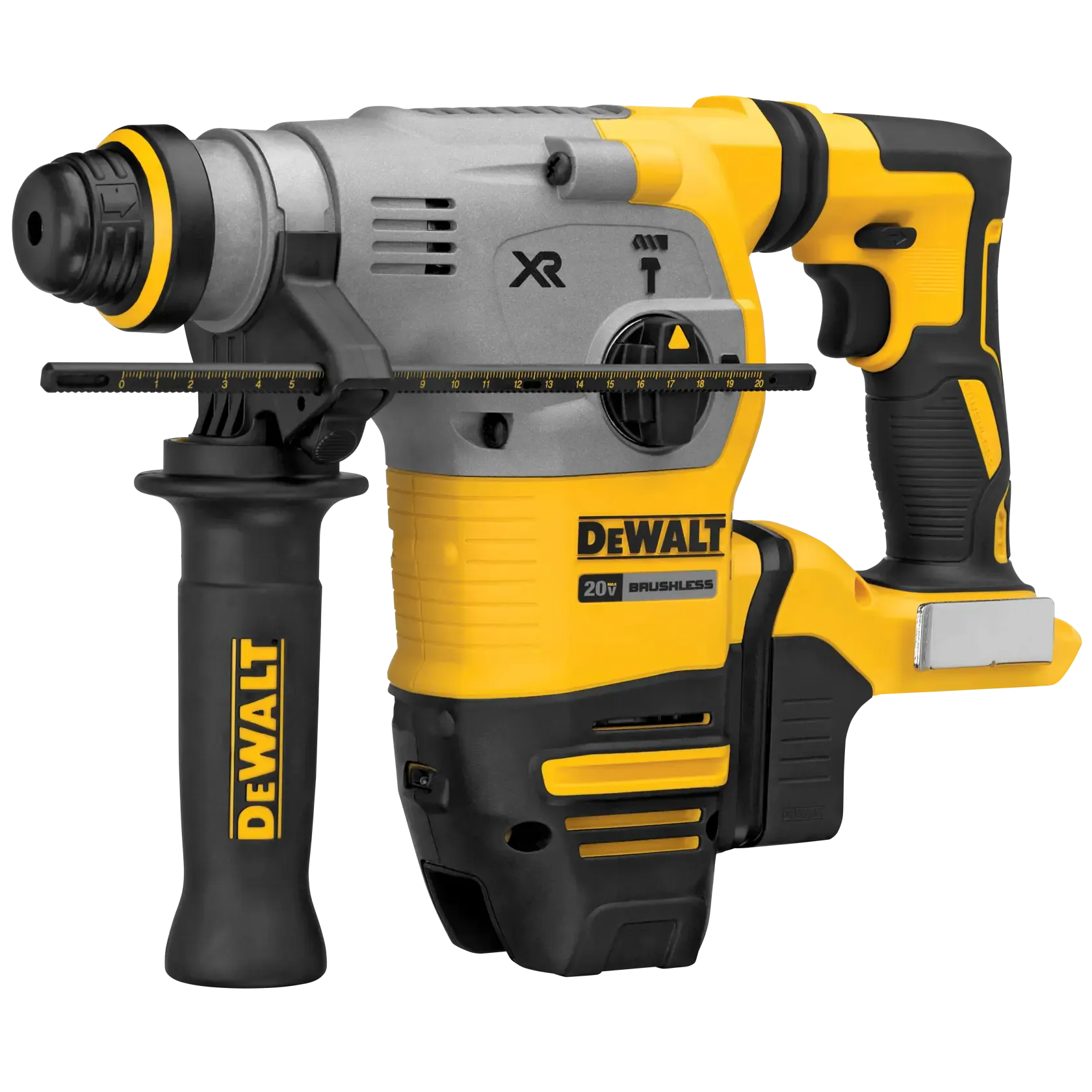 A perspective view of the DEWALT DCH293B rotary hammer showcasing the SDS Plus tool holder and the rotating mode selection dial. The image emphasizes the rugged construction of the tool, including the 360-degree adjustable side handle for enhanced drilling control.